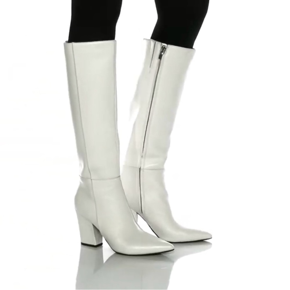 Nine West “Gabal” White Leather Tall Block Heel Pointy Toe Boots Size 7 NEW - Picture 4 of 16